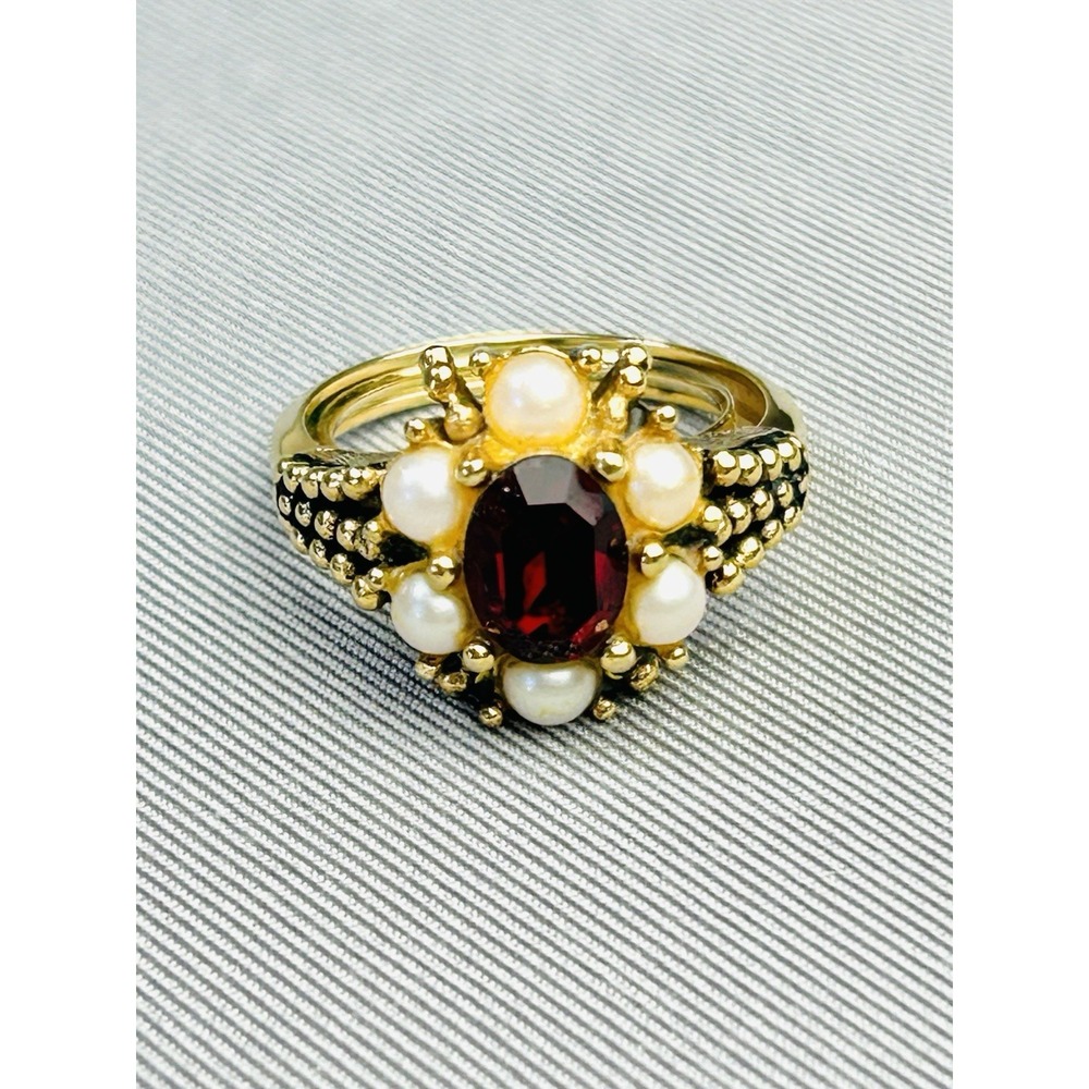 Vintage Gold Toned Size 7 Adjustable Avon Ring With Faux Red Stone & Faux Pearls